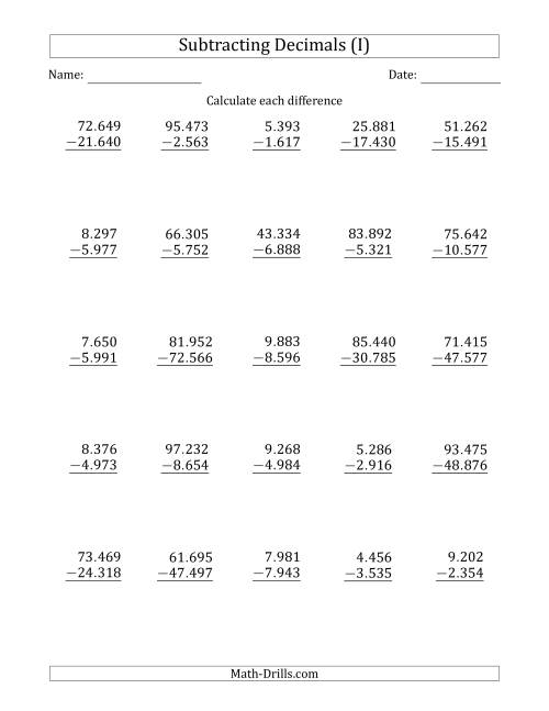 The Subtracting Decimal Thousandths With an Integer Part in the Minuend and Subtrahend (I) Math Worksheet