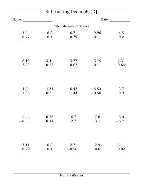 The Subtracting Various Decimals to Hundredths (D) Math Worksheet