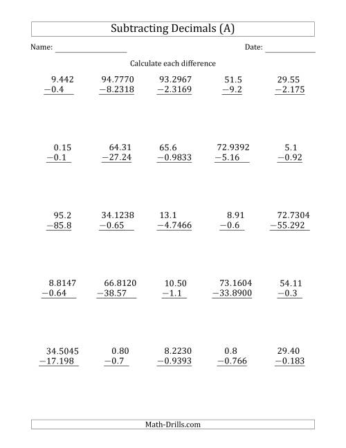 The Subtracting Various Decimals to Ten Thousandths (A) Math Worksheet