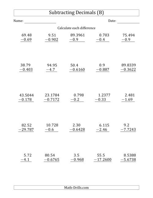 The Subtracting Various Decimals to Ten Thousandths (B) Math Worksheet