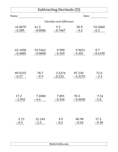 The Subtracting Various Decimals to Ten Thousandths (D) Math Worksheet
