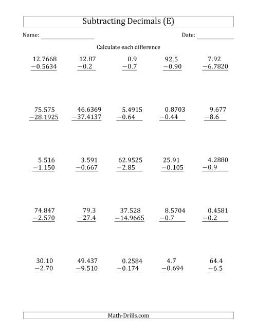 The Subtracting Various Decimals to Ten Thousandths (E) Math Worksheet