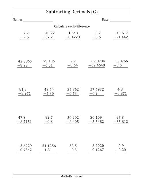 The Subtracting Various Decimals to Ten Thousandths (G) Math Worksheet