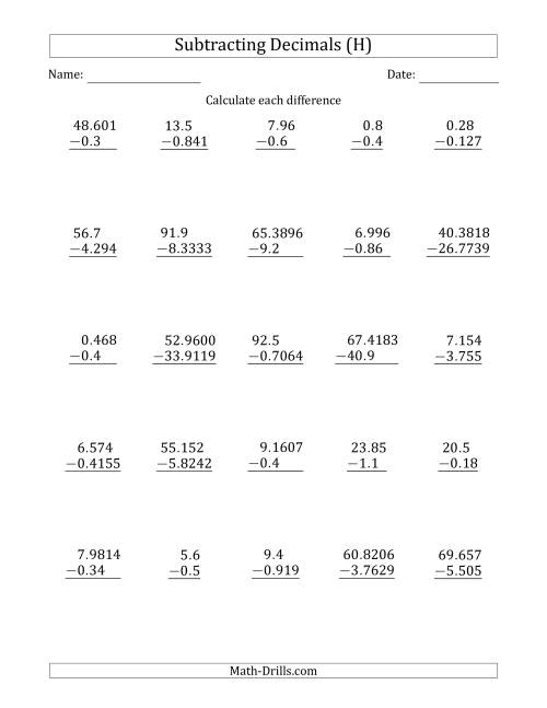 The Subtracting Various Decimals to Ten Thousandths (H) Math Worksheet