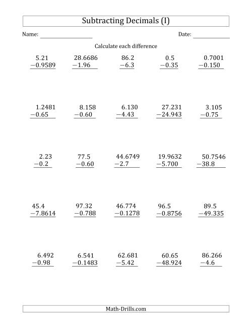 The Subtracting Various Decimals to Ten Thousandths (I) Math Worksheet