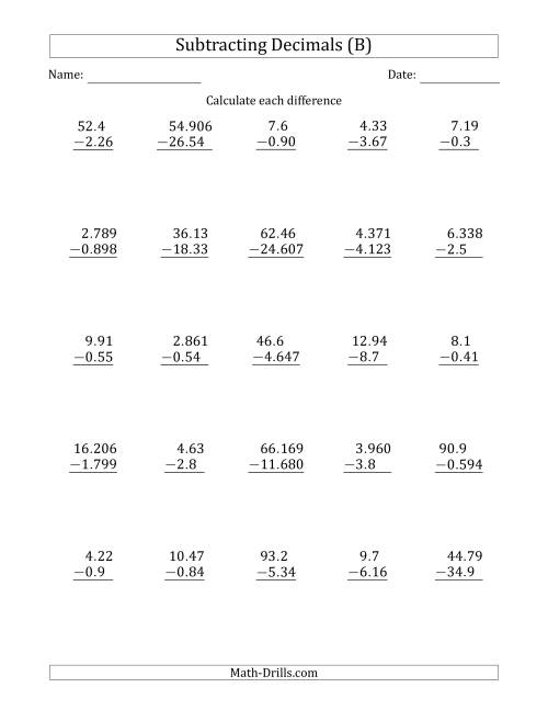 The Subtracting Various Decimals to Thousandths (B) Math Worksheet