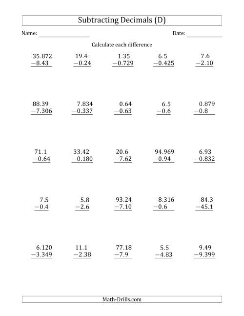 The Subtracting Various Decimals to Thousandths (D) Math Worksheet