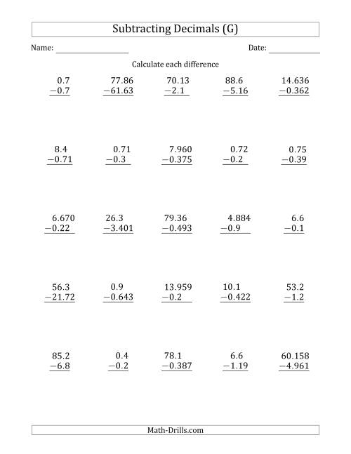 The Subtracting Various Decimals to Thousandths (G) Math Worksheet