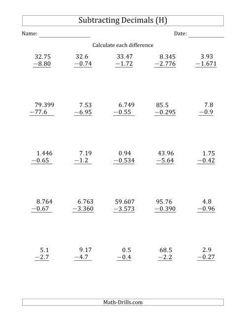 The Subtracting Various Decimals to Thousandths (H) Math Worksheet
