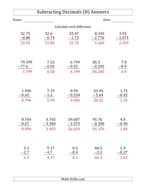 The Subtracting Various Decimals to Thousandths (H) Math Worksheet Page 2