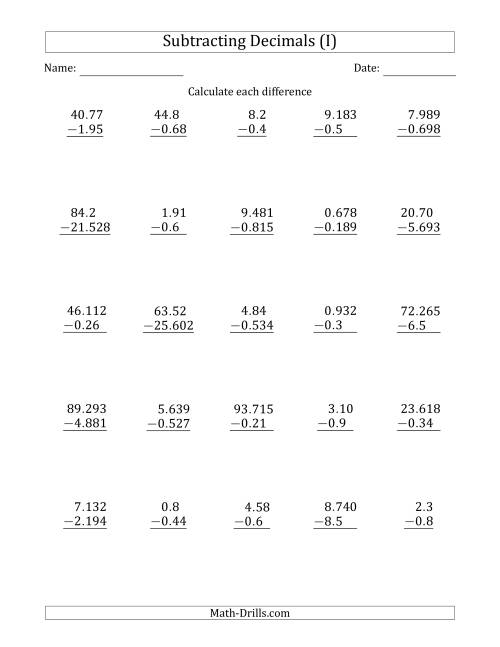 The Subtracting Various Decimals to Thousandths (I) Math Worksheet