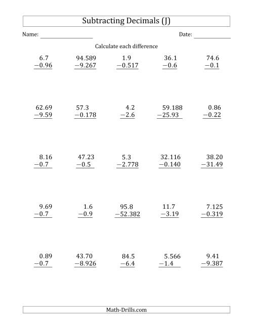 The Subtracting Various Decimals to Thousandths (J) Math Worksheet