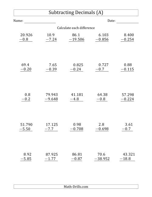 The Subtracting Various Decimals to Thousandths (All) Math Worksheet