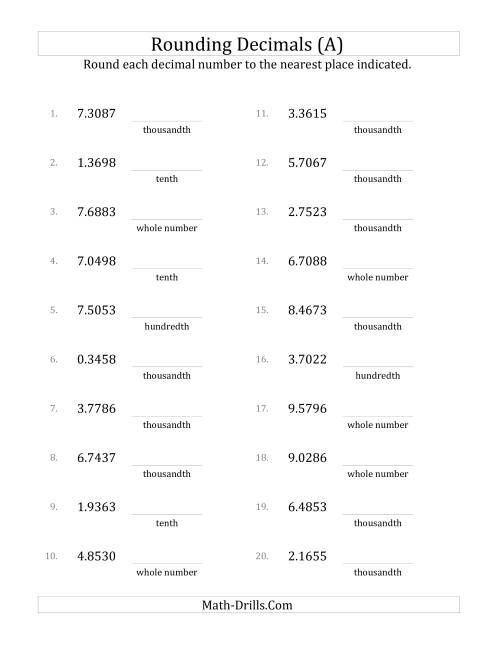 The Rounding Ten Thousandths to Various Decimal Places (A) Math Worksheet