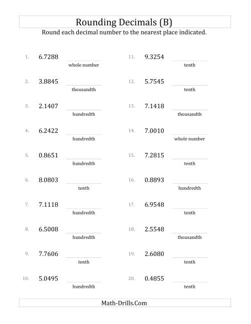 The Rounding Ten Thousandths to Various Decimal Places (B) Math Worksheet