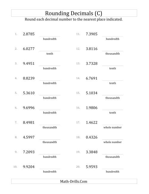 The Rounding Ten Thousandths to Various Decimal Places (C) Math Worksheet