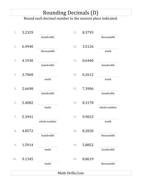 The Rounding Ten Thousandths to Various Decimal Places (D) Math Worksheet