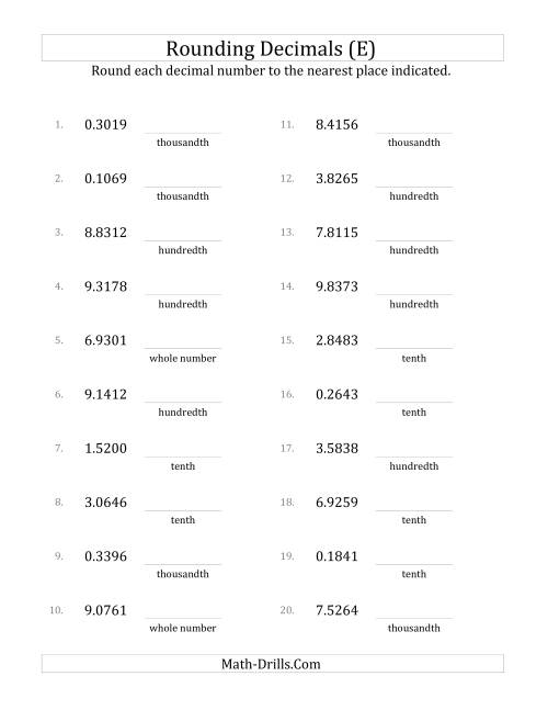 The Rounding Ten Thousandths to Various Decimal Places (E) Math Worksheet