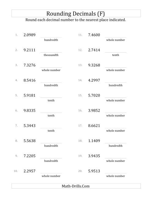 The Rounding Ten Thousandths to Various Decimal Places (F) Math Worksheet