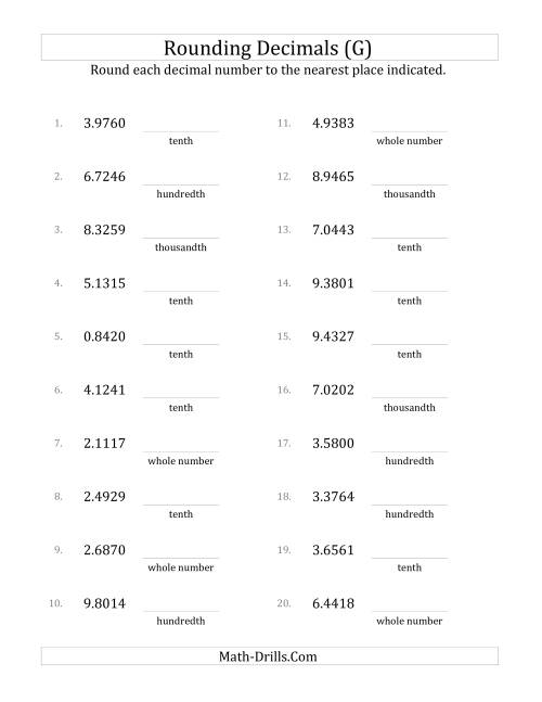 The Rounding Ten Thousandths to Various Decimal Places (G) Math Worksheet