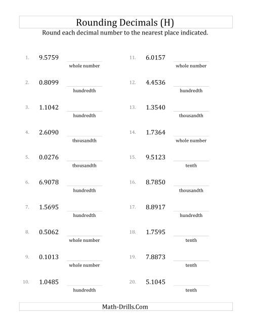 The Rounding Ten Thousandths to Various Decimal Places (H) Math Worksheet