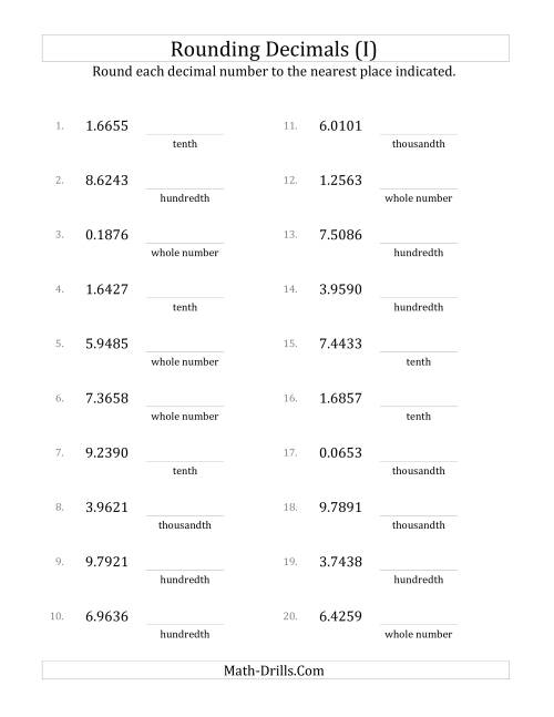 The Rounding Ten Thousandths to Various Decimal Places (I) Math Worksheet