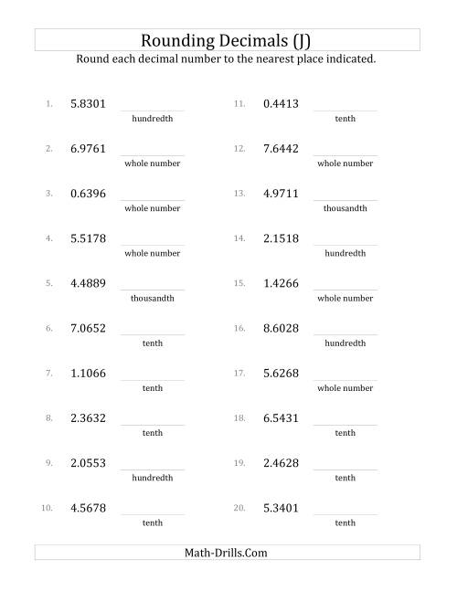 The Rounding Ten Thousandths to Various Decimal Places (J) Math Worksheet