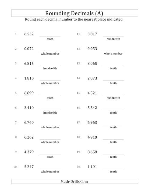 The Rounding Thousandths to Various Decimal Places (A) Math Worksheet