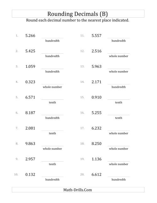 The Rounding Thousandths to Various Decimal Places (B) Math Worksheet