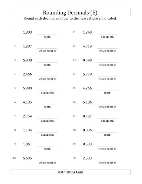 The Rounding Thousandths to Various Decimal Places (E) Math Worksheet
