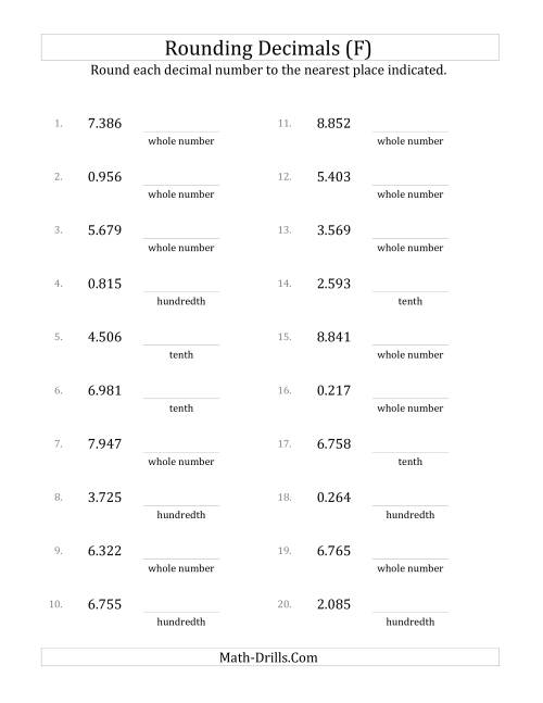The Rounding Thousandths to Various Decimal Places (F) Math Worksheet