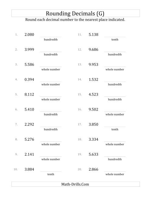 The Rounding Thousandths to Various Decimal Places (G) Math Worksheet