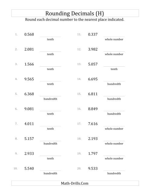 The Rounding Thousandths to Various Decimal Places (H) Math Worksheet