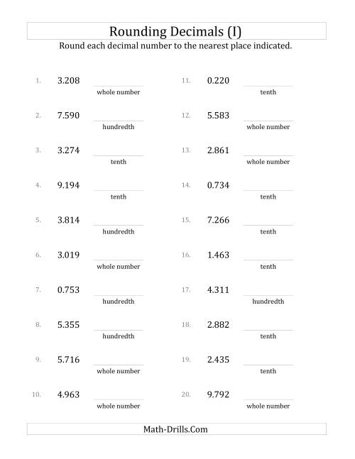 The Rounding Thousandths to Various Decimal Places (I) Math Worksheet