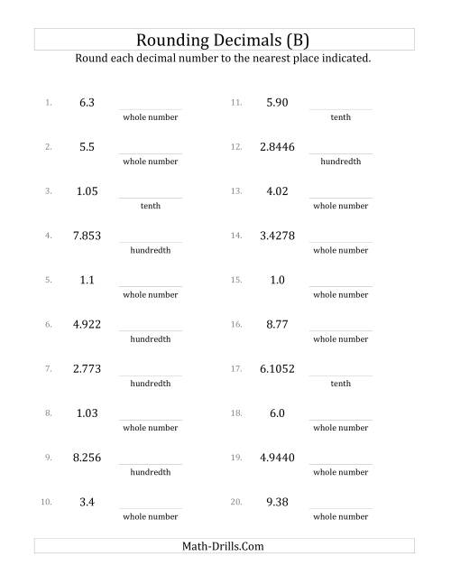 The Rounding Various Decimals to Various Decimal Places (B) Math Worksheet