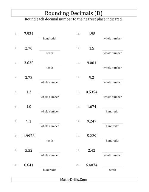 The Rounding Various Decimals to Various Decimal Places (D) Math Worksheet