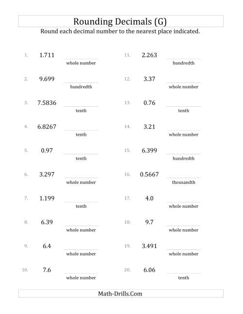 The Rounding Various Decimals to Various Decimal Places (G) Math Worksheet