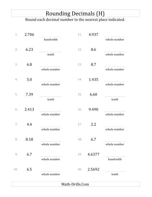 The Rounding Various Decimals to Various Decimal Places (H) Math Worksheet