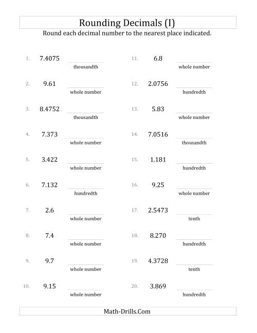 The Rounding Various Decimals to Various Decimal Places (I) Math Worksheet