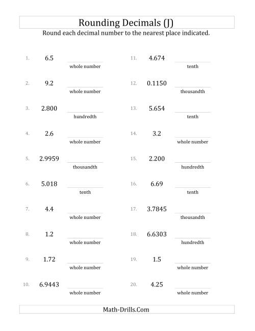 The Rounding Various Decimals to Various Decimal Places (J) Math Worksheet