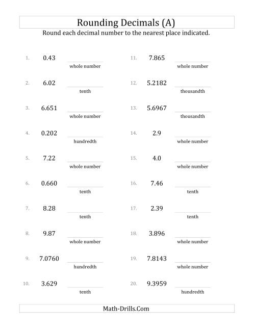 The Rounding Various Decimals to Various Decimal Places (All) Math Worksheet