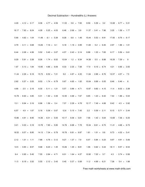 The Subtract Decimal Hundredths (L) Math Worksheet Page 2
