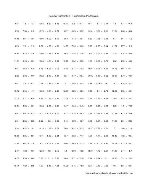 The Subtract Decimal Hundredths (P) Math Worksheet Page 2
