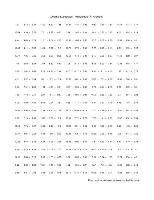 The Subtract Decimal Hundredths (R) Math Worksheet Page 2
