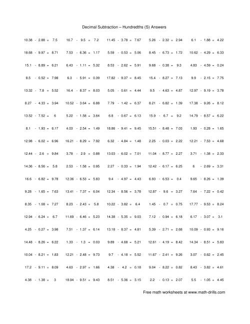 The Subtract Decimal Hundredths (S) Math Worksheet Page 2