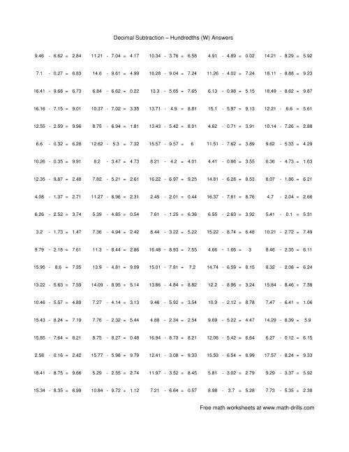 The Subtract Decimal Hundredths (W) Math Worksheet Page 2