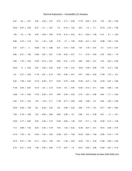 The Subtract Decimal Hundredths (Z) Math Worksheet Page 2