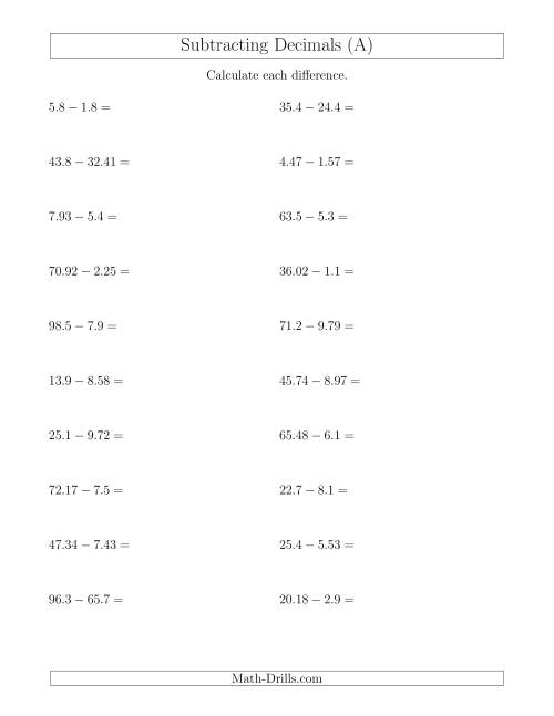The Subtracting Decimals With Up to Two Places Before and After the Decimal (A) Math Worksheet
