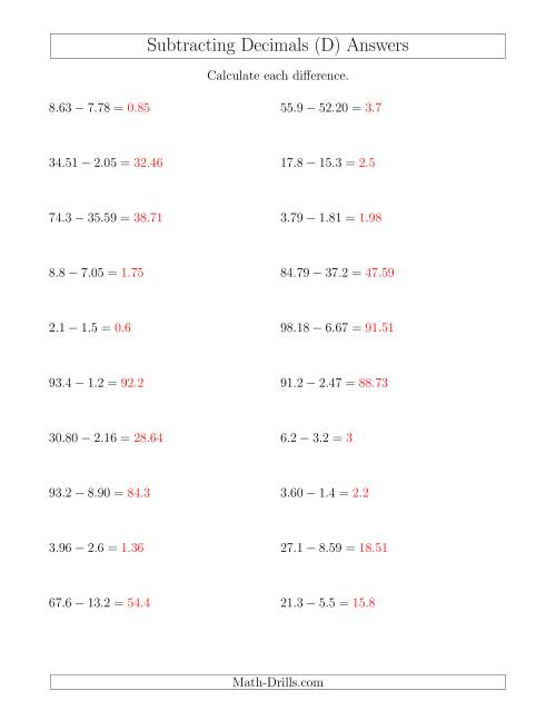 The Subtracting Decimals With Up to Two Places Before and After the Decimal (D) Math Worksheet Page 2