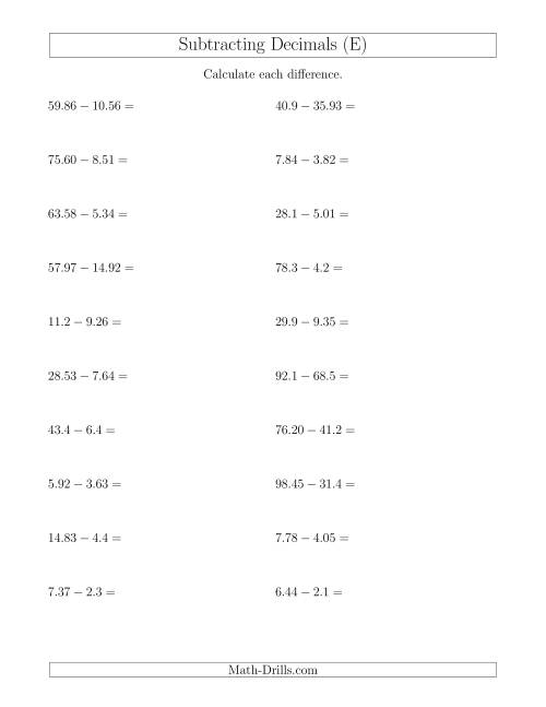 The Subtracting Decimals With Up to Two Places Before and After the Decimal (E) Math Worksheet